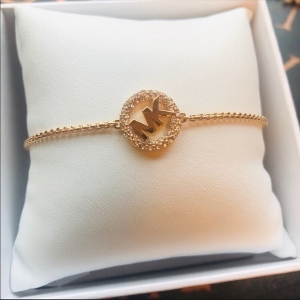 Michael Kors Gold Logo Slider Bracelet Crystal Halo Adjustable NWT